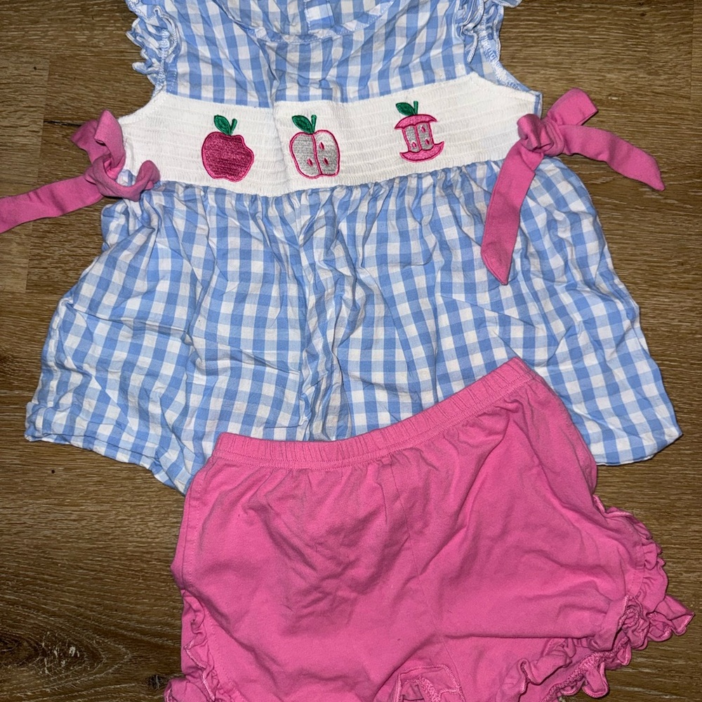 Blue Gingham Top with Pink Short Set - Apple Embroidery